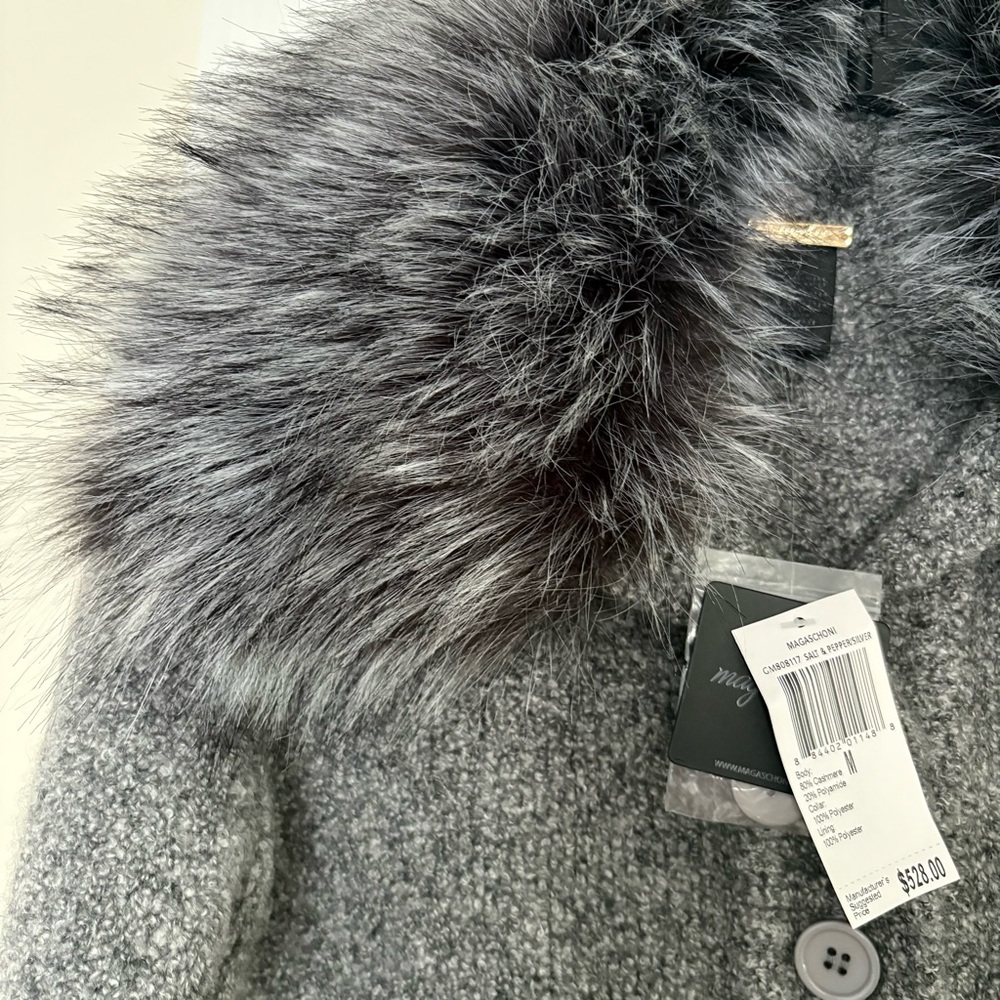 Magaschoni Grey Cashmere Blend Button Down Faux Fur Removable Collar Sweater - Picture 9 of 9